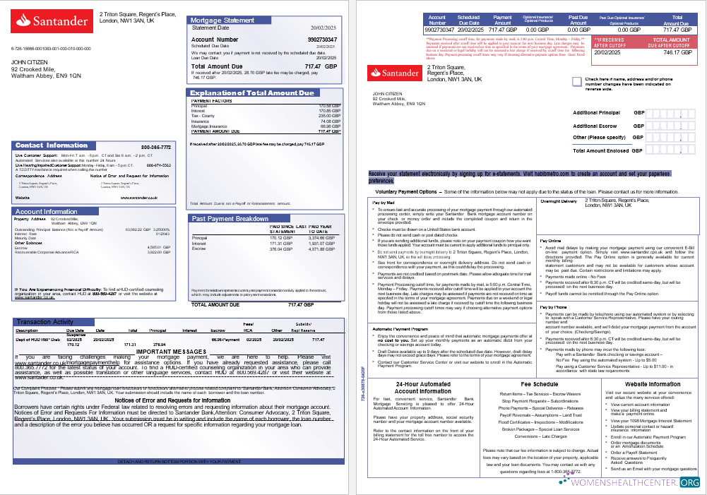 United Kingdom Santander bank mortgage statement in Word and PDF formats, 3 pages 1 2